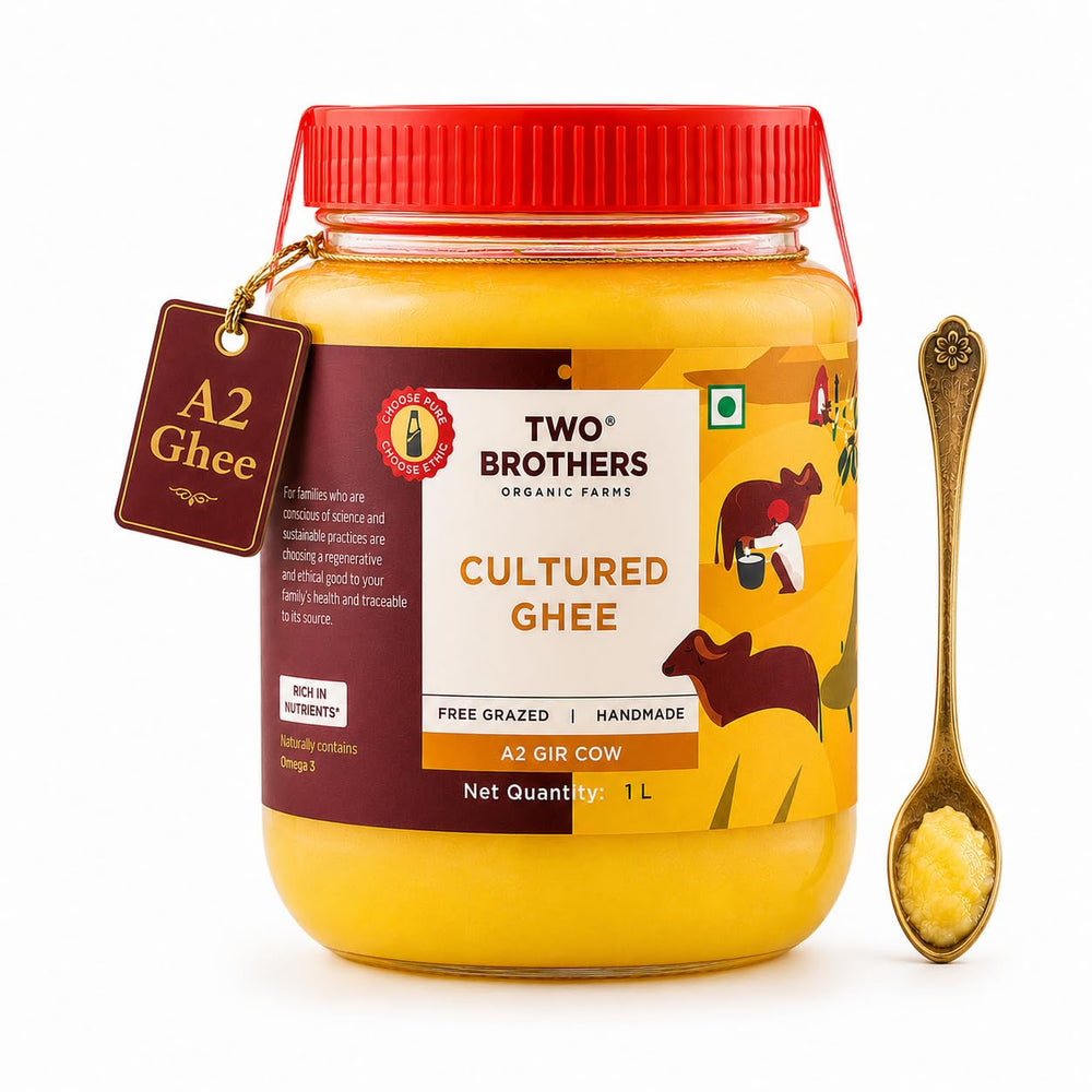 Two Brothers India Farms front jar showing brand and clean packaging benefit