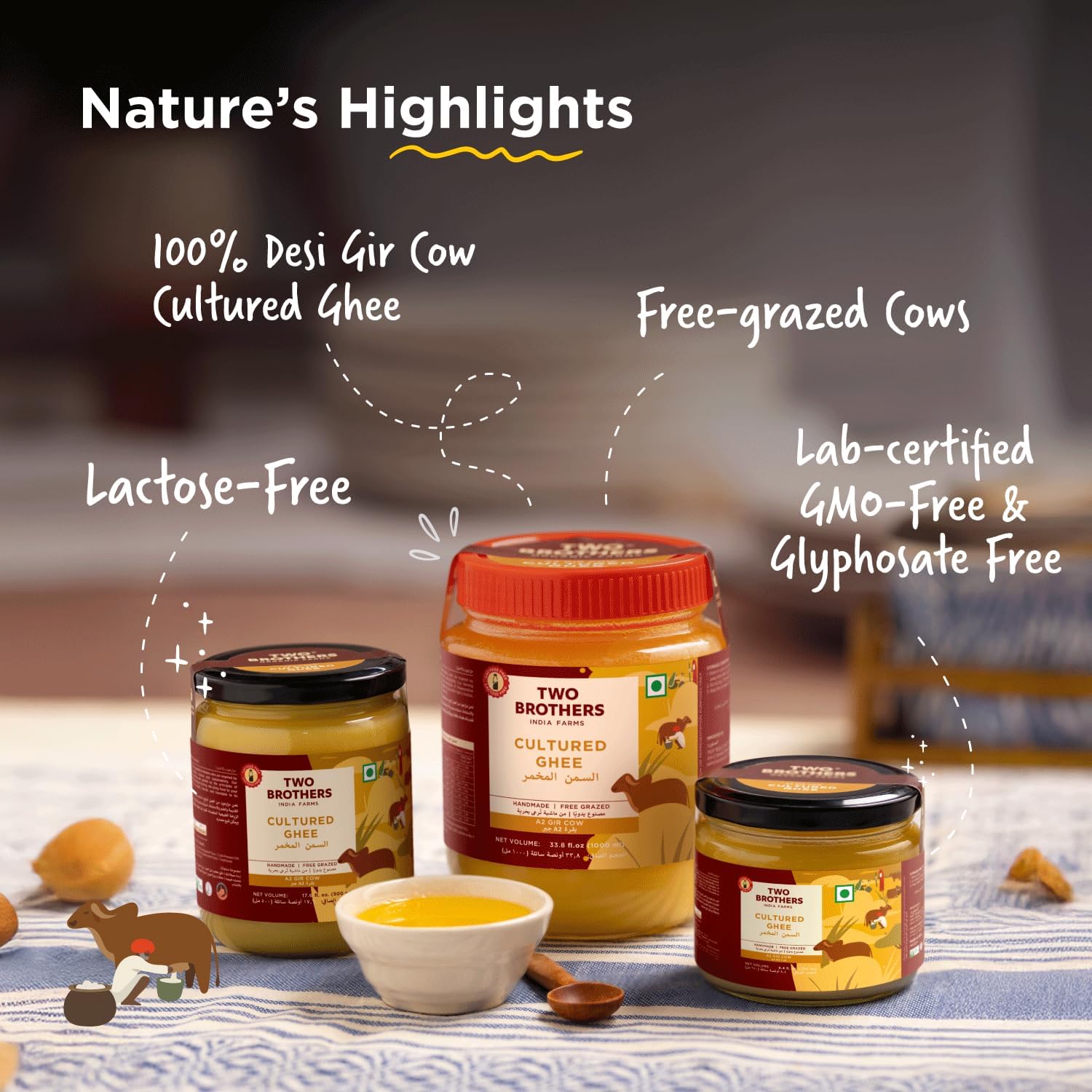 Two Brothers India Farms label detail emphasizing A2 and non-GMO testing