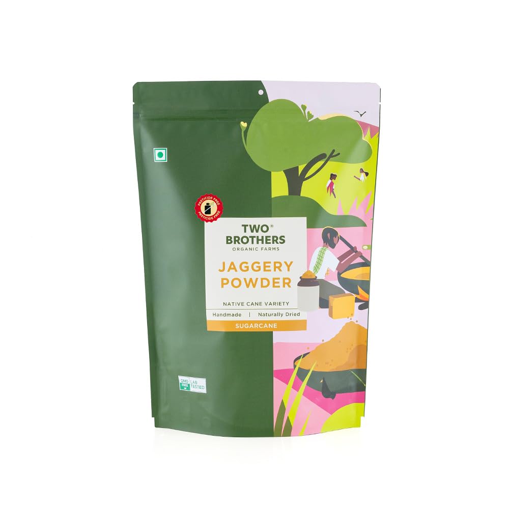 Two Brothers India Farms front packaging showing chemical-free jaggery powder benefit clarity