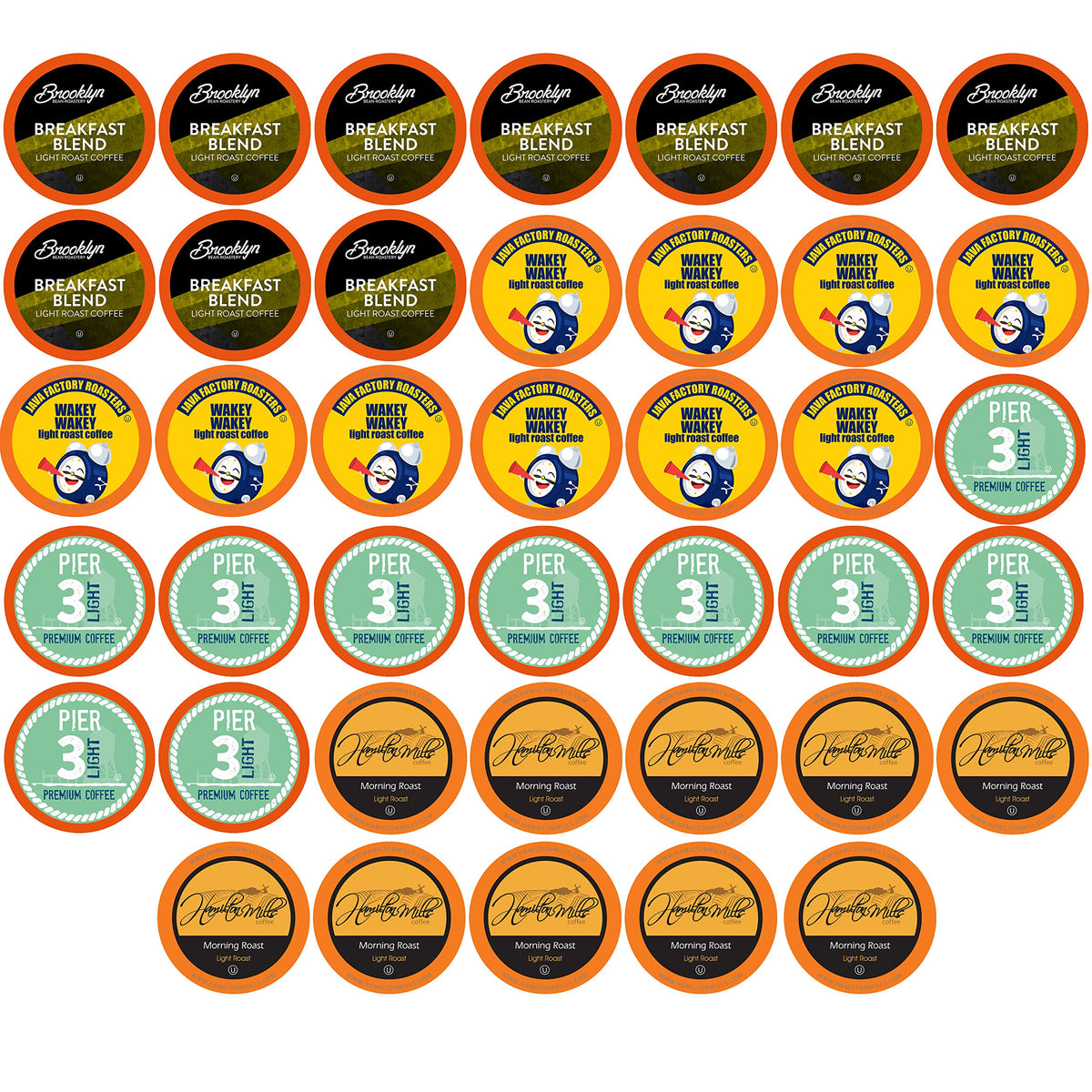 Two Rivers Coffee 40-count box front showing assortment and branding, convenient sampler