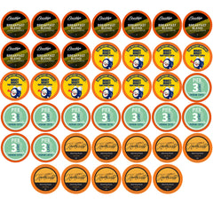 Two Rivers Coffee 40-count box front showing assortment and branding, convenient sampler