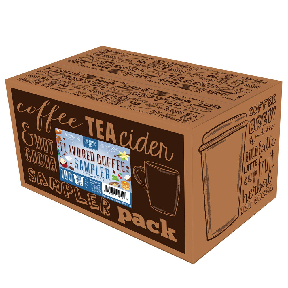 Arrangement of Two Rivers Coffee flavor pods to show assortment options