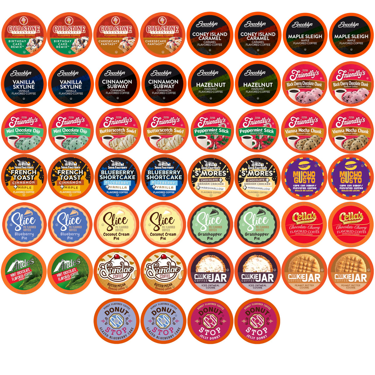 Two Rivers Coffee front box showing 52-count sampler and quick unboxing benefit