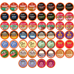 Two Rivers Coffee front box showing 52-count sampler and quick unboxing benefit