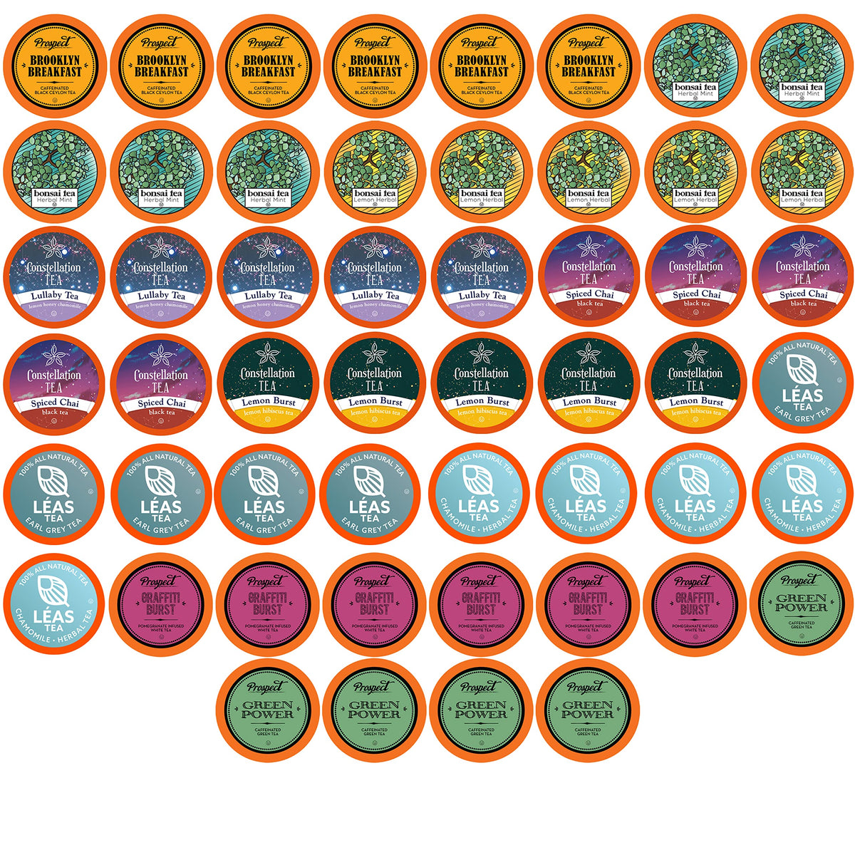 Two Rivers Coffee front packaging showing 52 tea pods and variety benefits