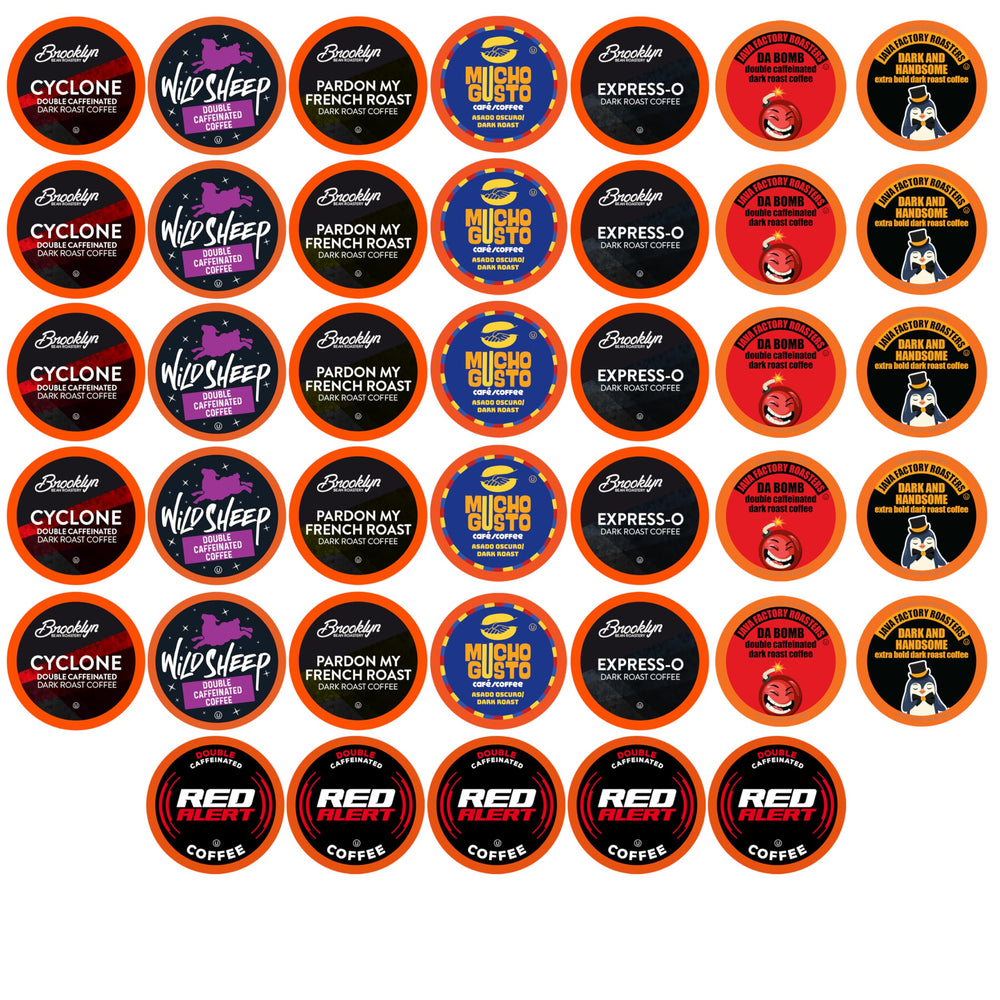 Two Rivers Coffee front packaging showing 40-count variety pack and branding benefit