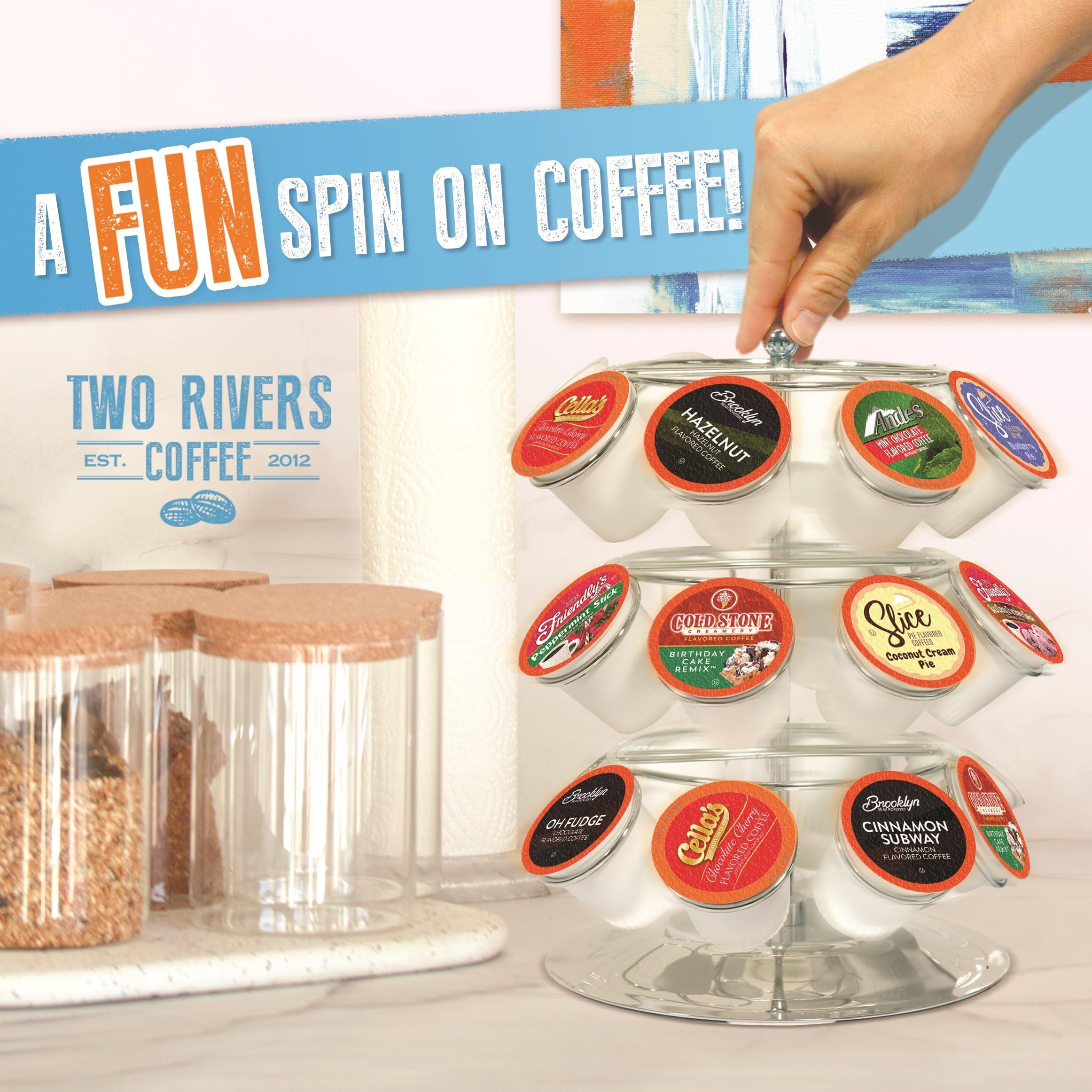 Two Rivers Coffee pod beside common items to show single-serve scale