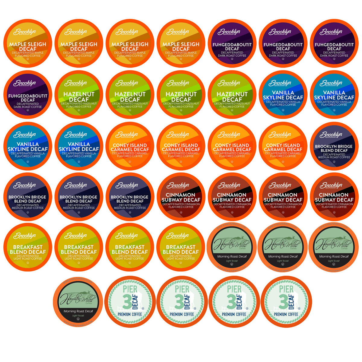 Two Rivers Coffee front packaging showing 40-count decaf variety and convenience