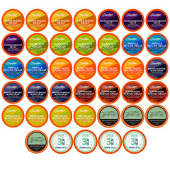 Two Rivers Coffee front packaging showing 40-count decaf variety and convenience