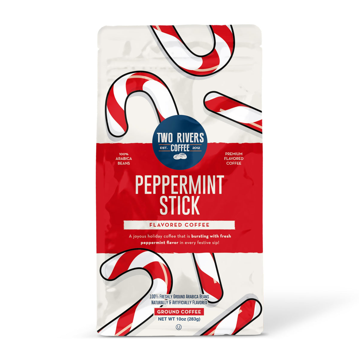 Two Rivers front packaging showing peppermint stick bag and freshness seal