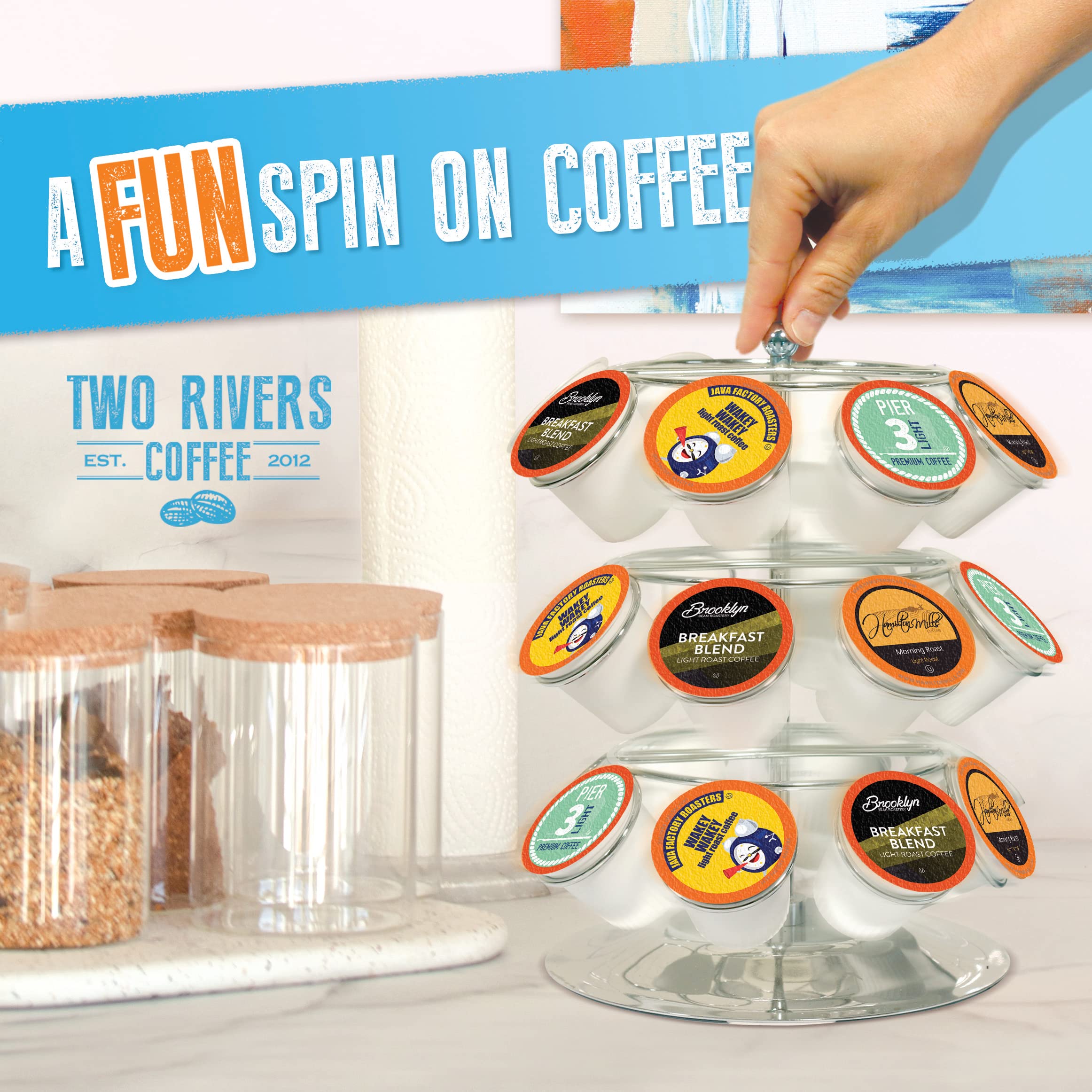 Two Rivers Coffee pod top-closeup emphasizing label and easy-use peel lid, clear identification