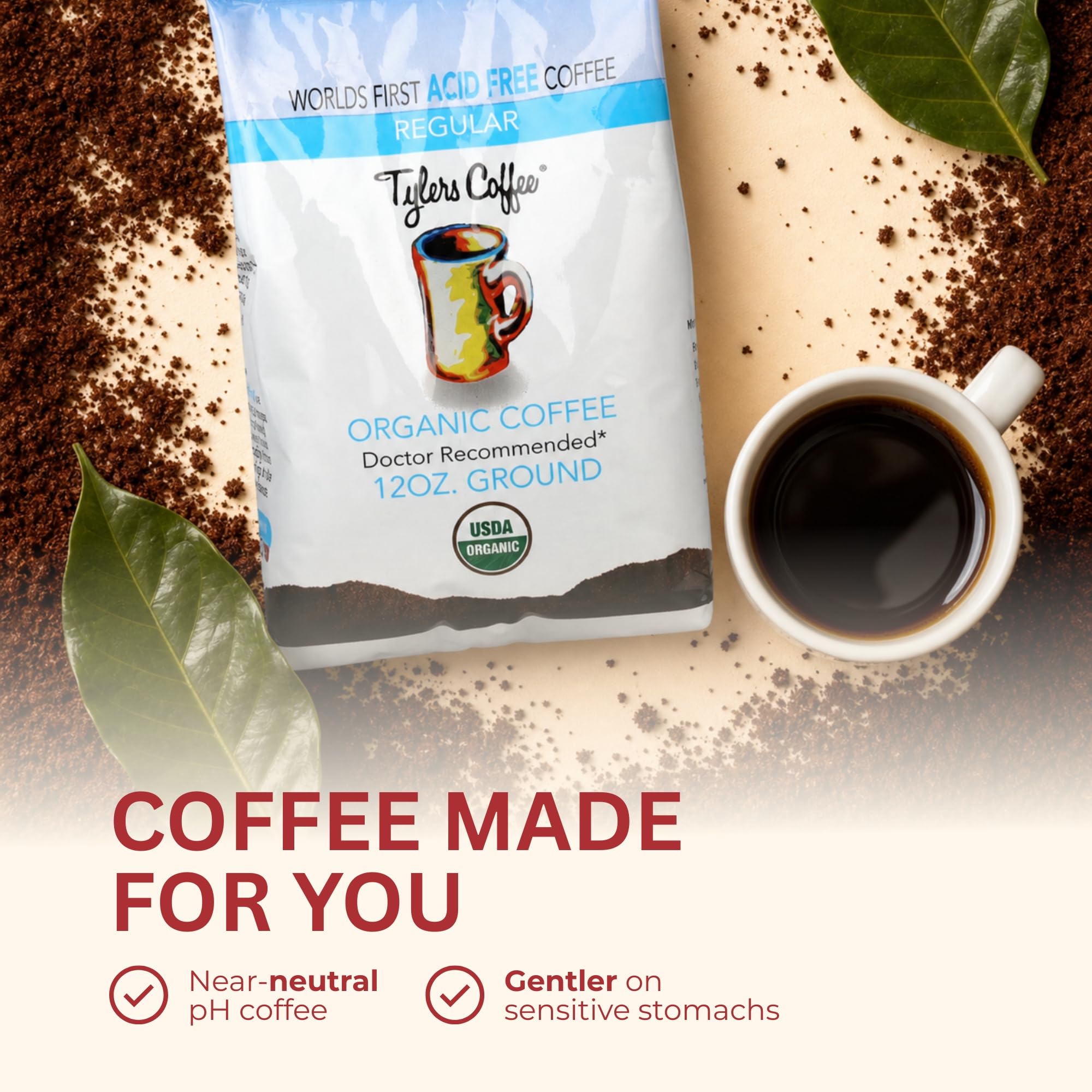 TYLERS COFFEE bag beside common items for scale, illustrates 12oz size