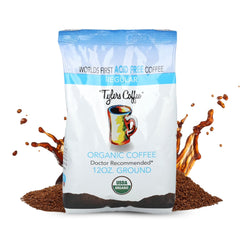 TYLERS COFFEE front packaging showing organic 2-pack, conveys freshness