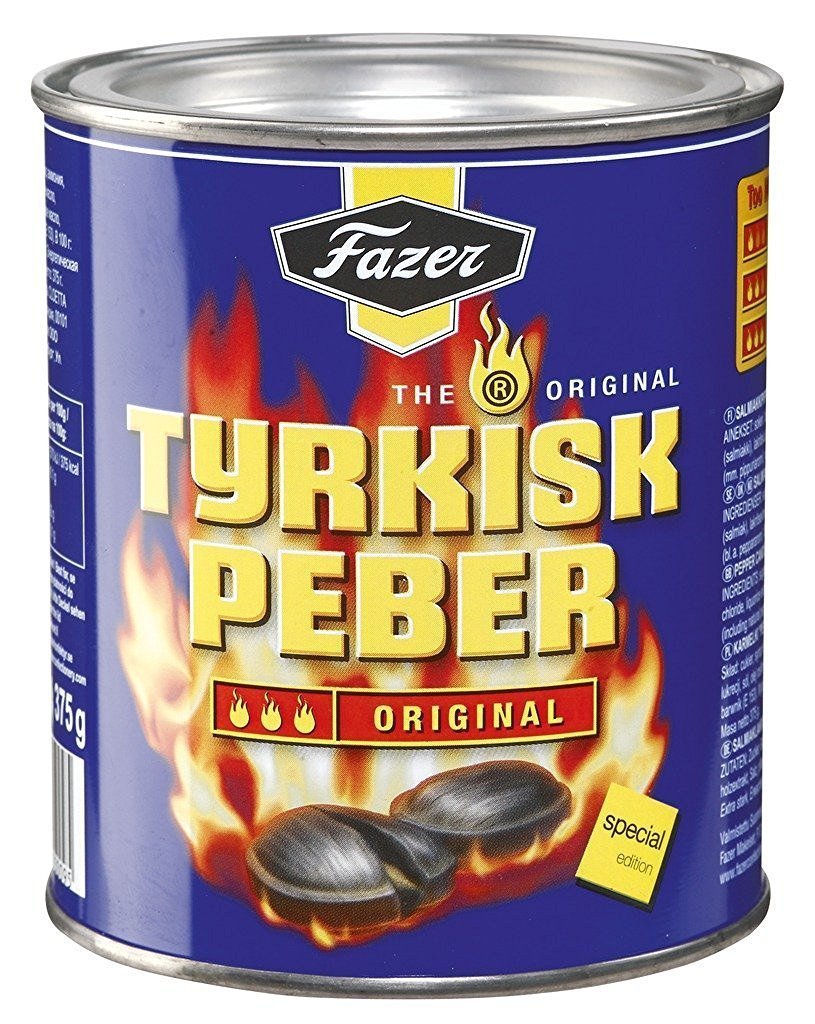Tyrkisk Peber tin front view showing branding and 375g size for sharing