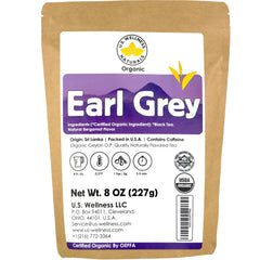 U.S. Wellness Naturals front packaging showing organic Earl Grey and serving info
