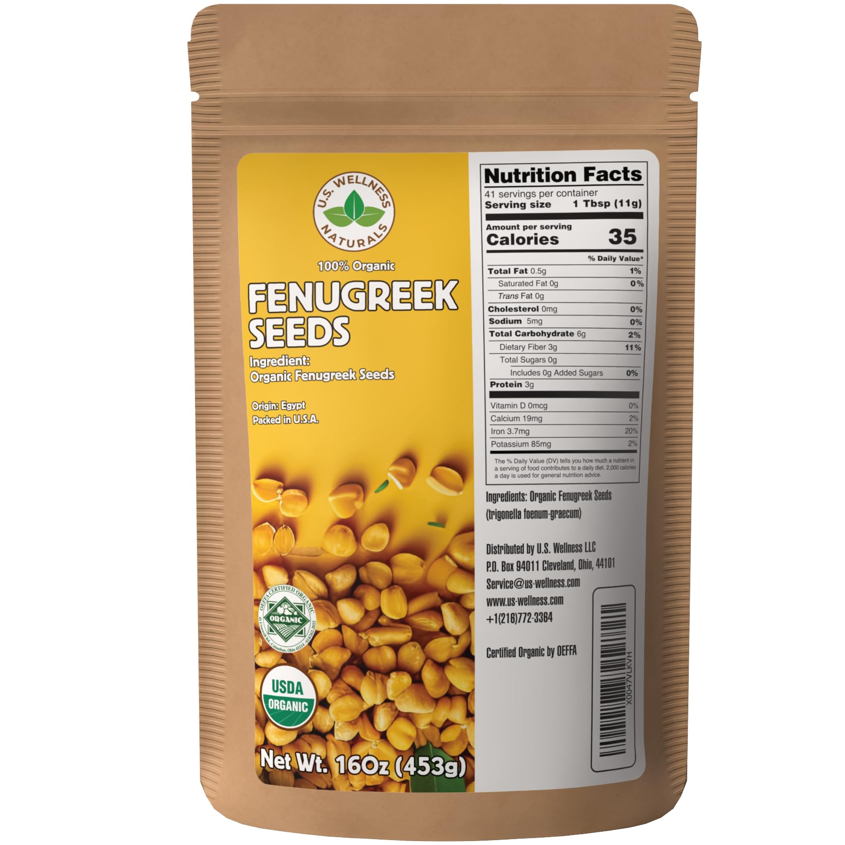 U.S. Wellness Naturals front packaging showing organic fenugreek, clear labeling and convenience
