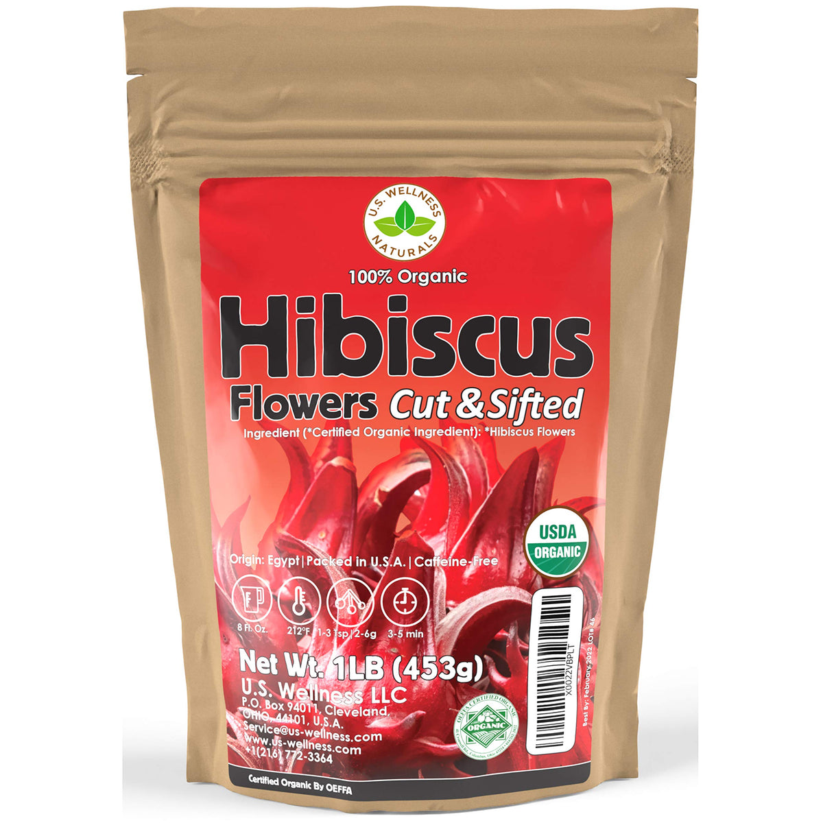 U.S. Wellness Naturals front packaging showing organic hibiscus and freshness