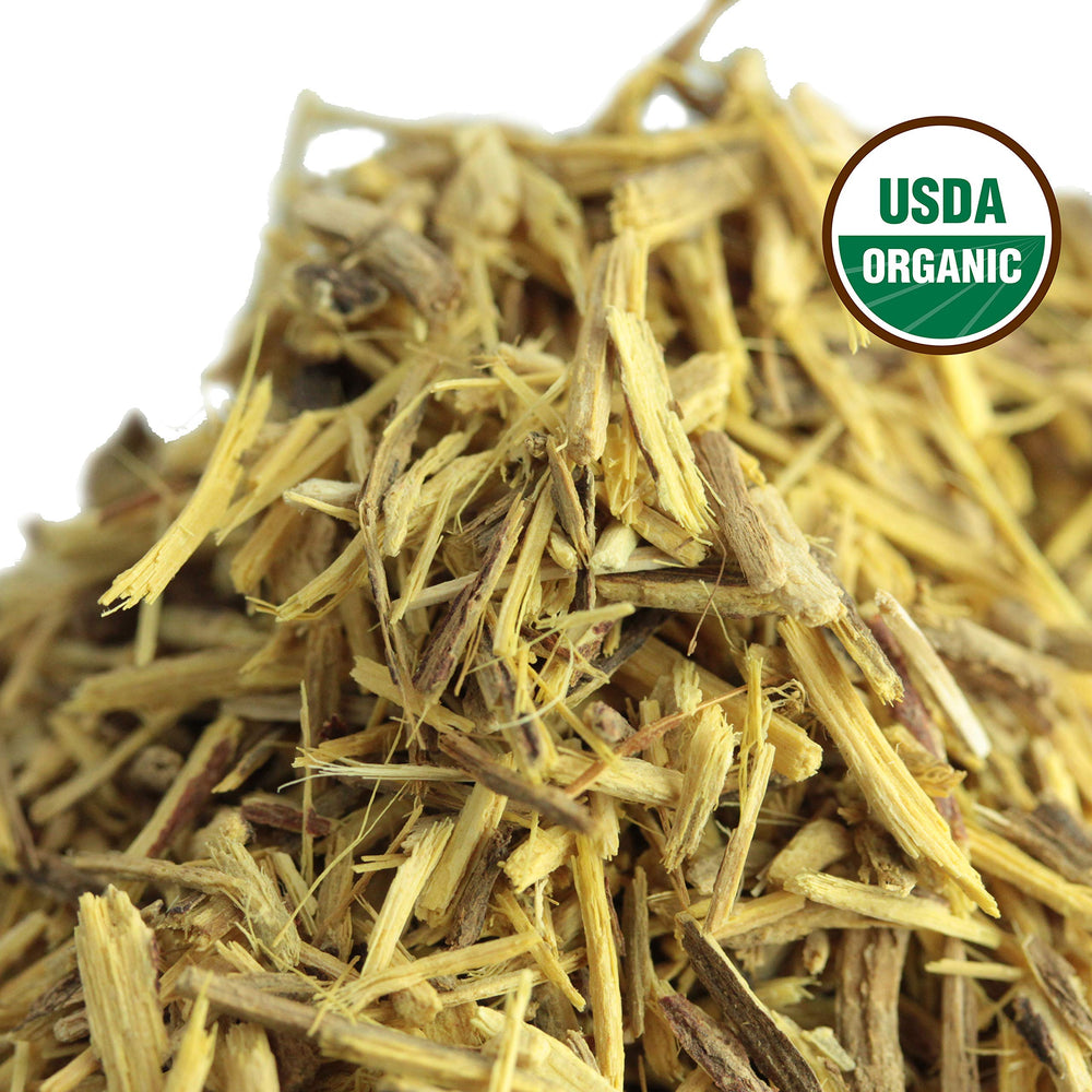 U.S. Wellness Naturals licorice root beside hand for size and scale reference