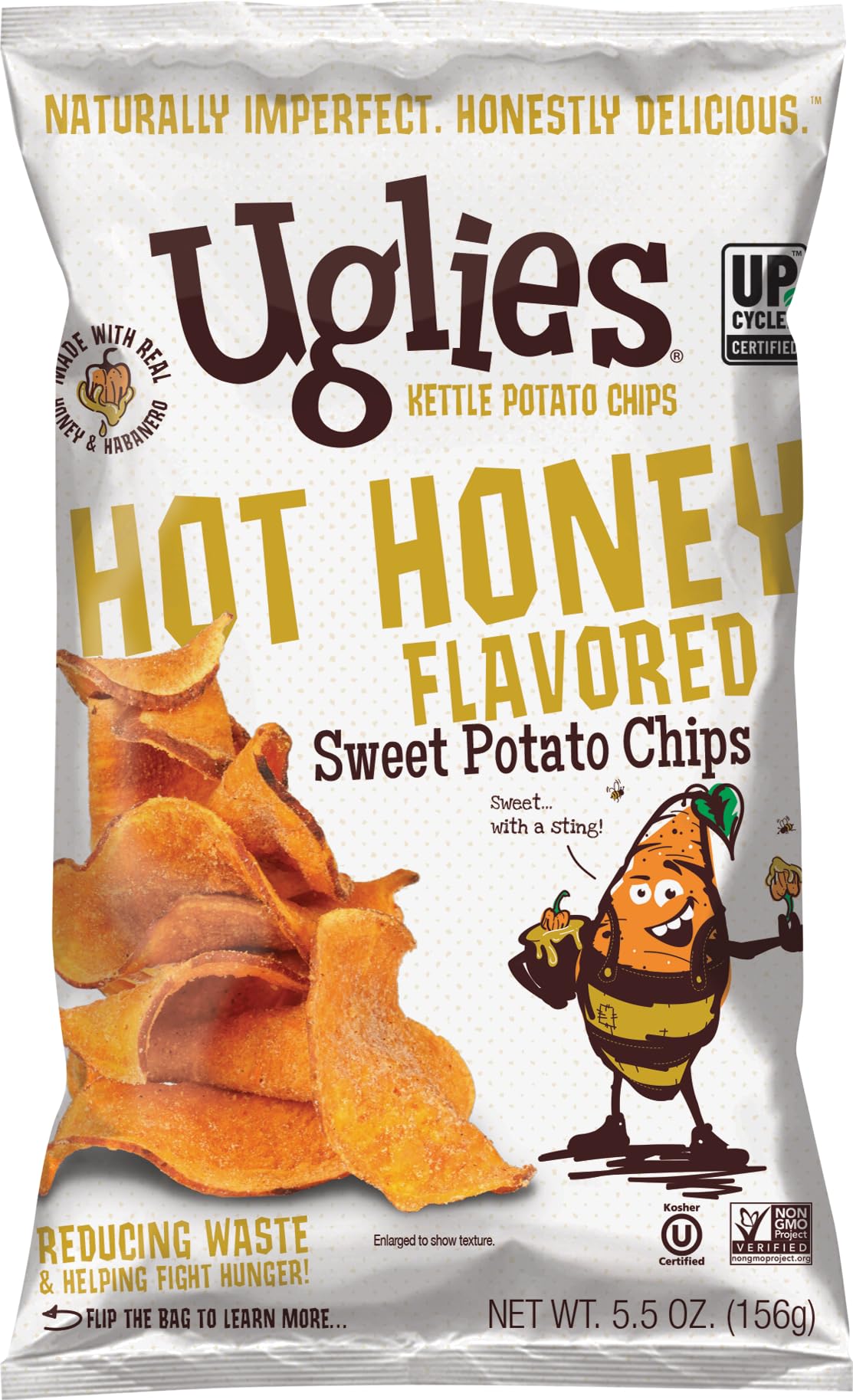 Uglies front packaging showing hot honey sweet potato chips and bold branding benefit: visible flavor callout