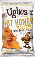 Uglies front packaging showing hot honey sweet potato chips and bold branding benefit: visible flavor callout