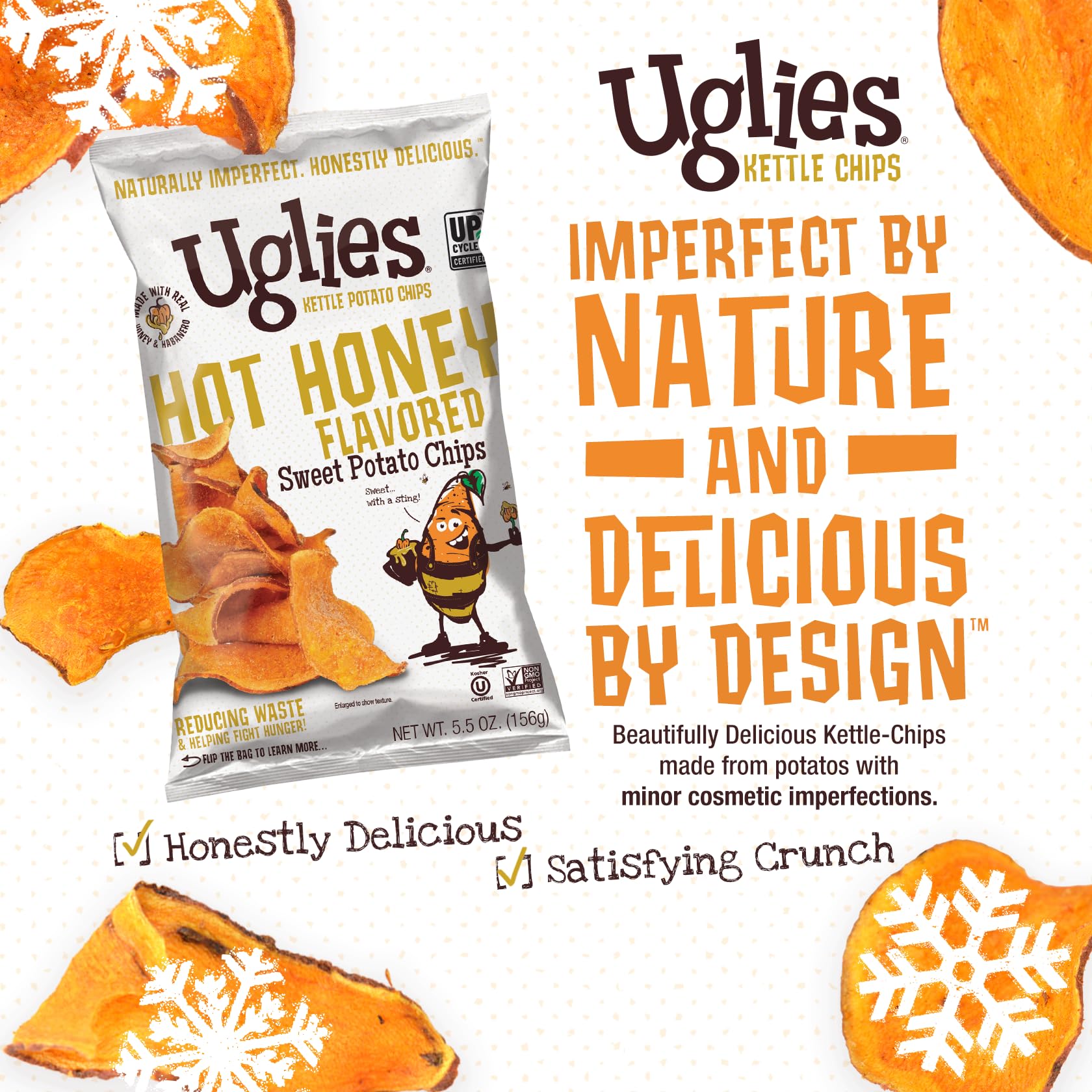 Uglies bag held by hand to show 5.5 oz scale and single-serve convenience benefit