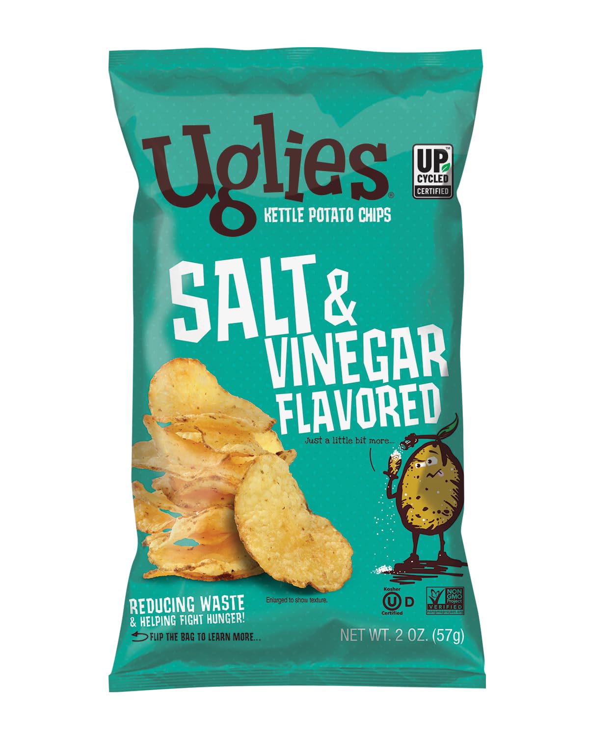 Uglies front packaging showing salt and vinegar 2 oz bag with bold branding and portion control