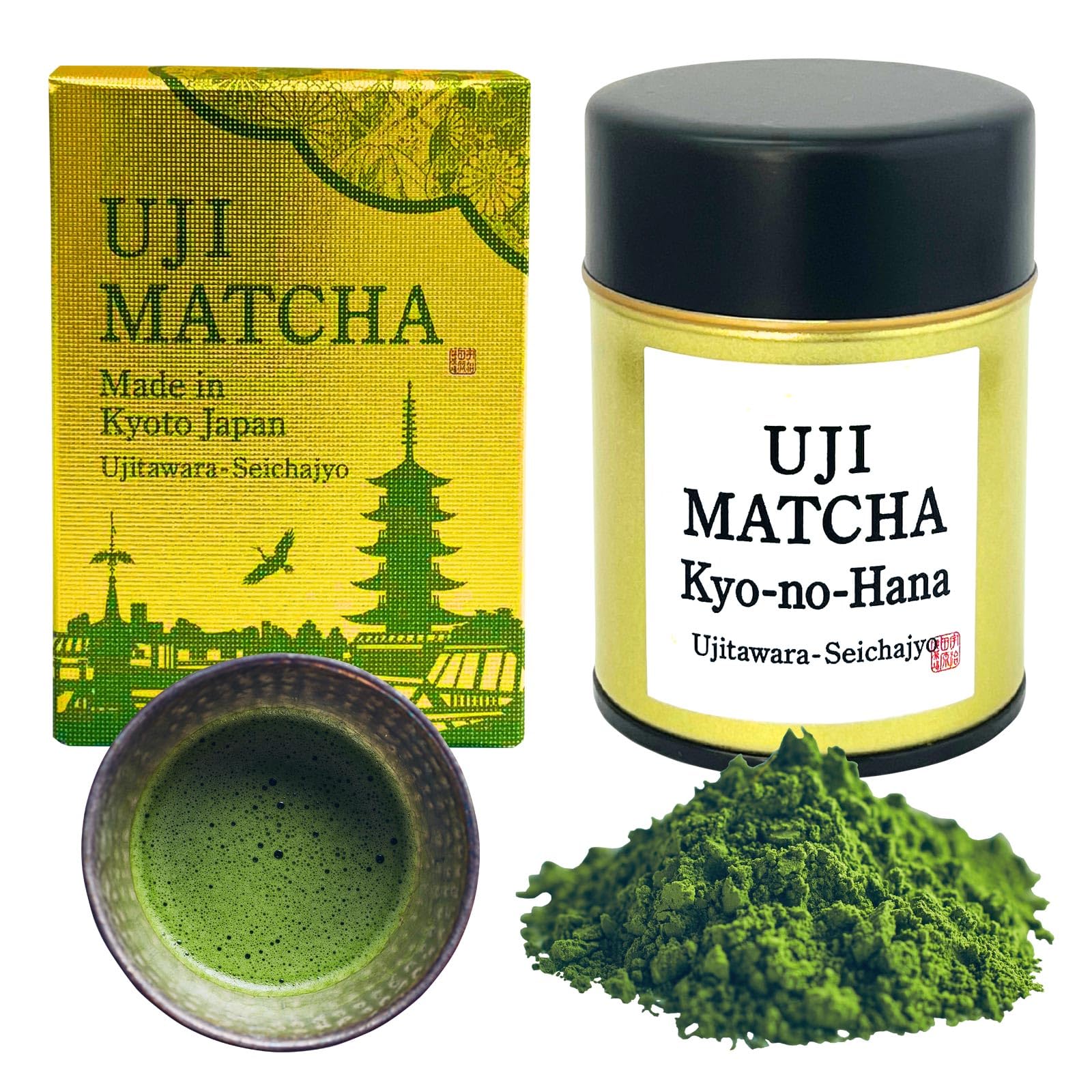 Ujitawara Seichajo front tin showing brand and fresh matcha benefit