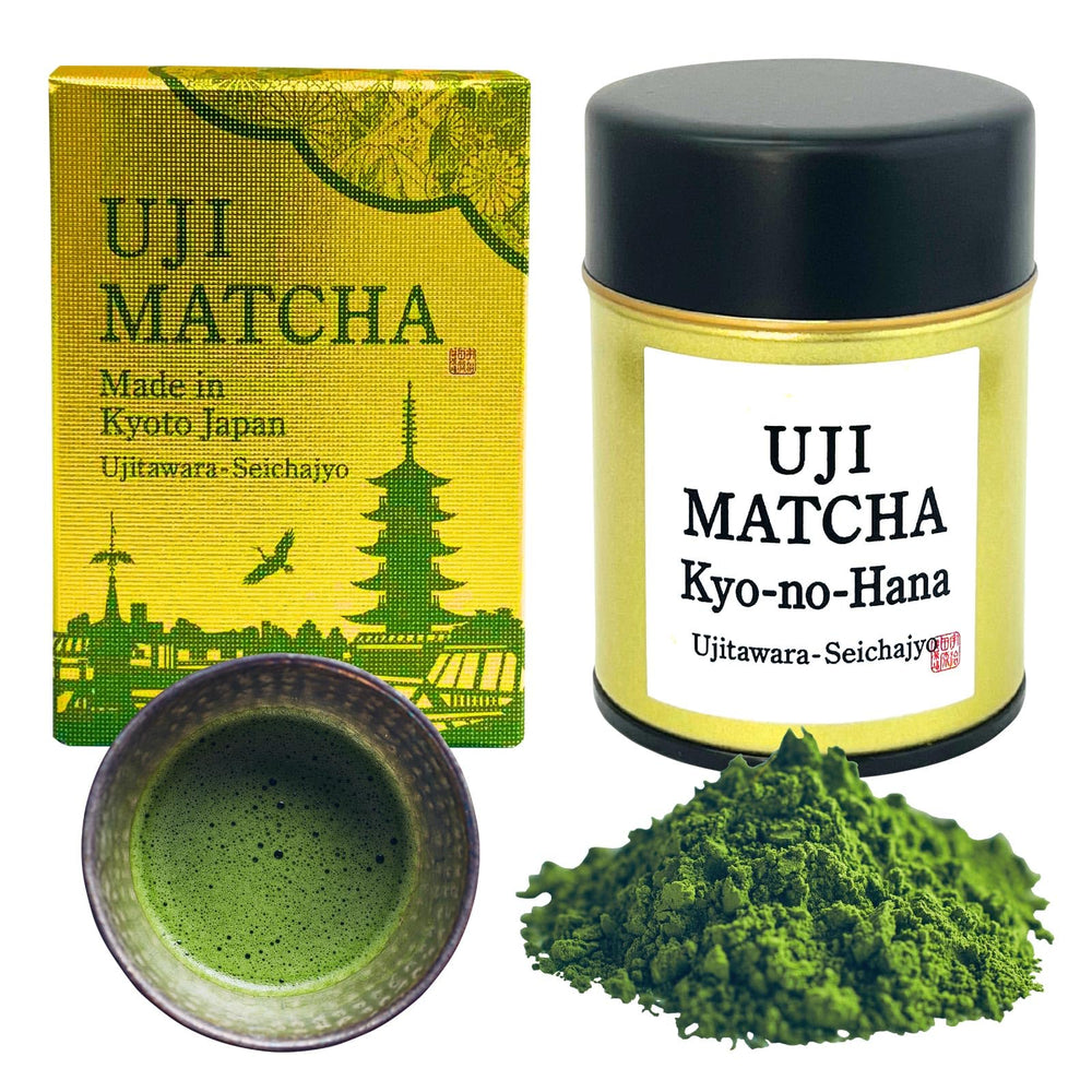 Ujitawara Seichajo front tin showing brand and fresh matcha benefit