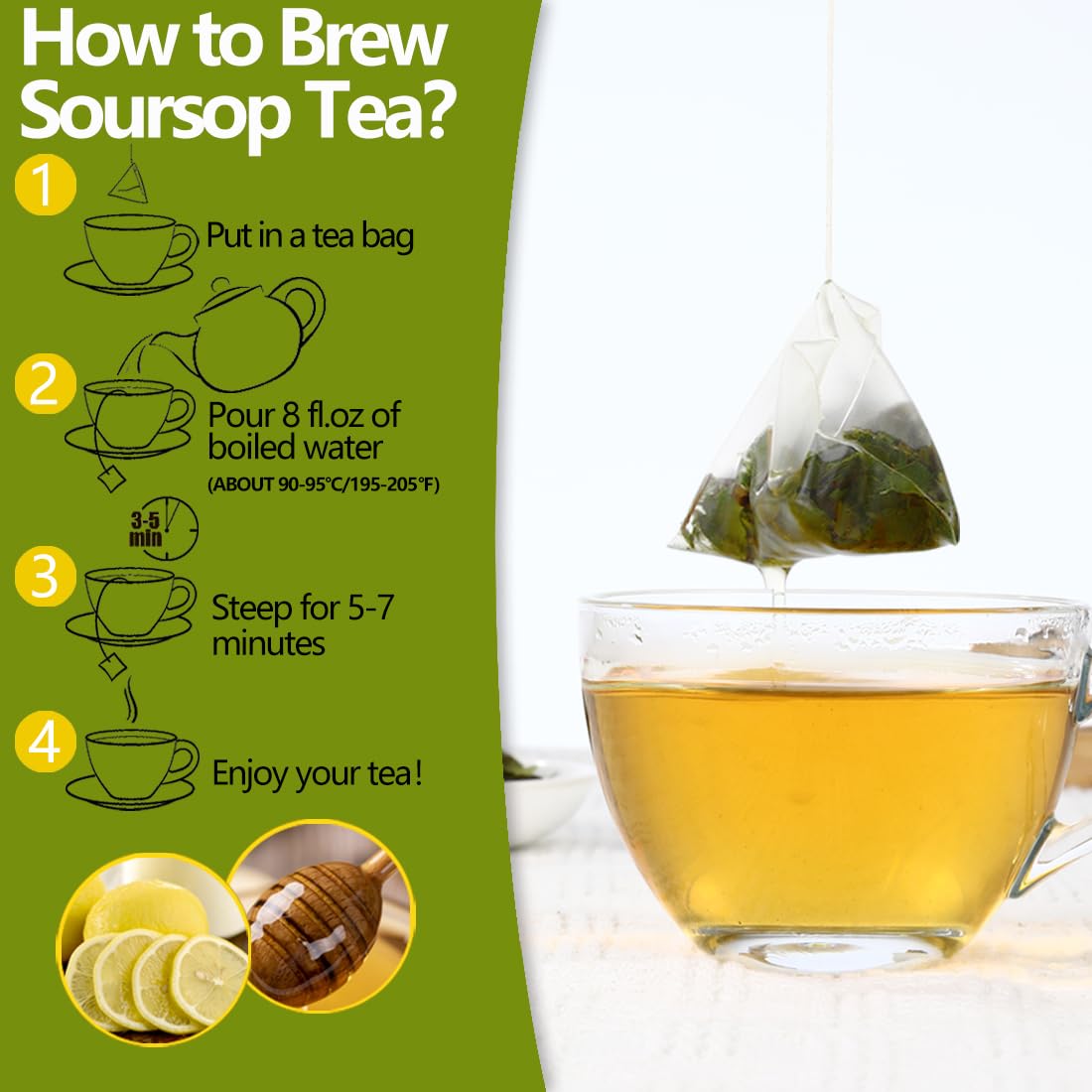 ULTHMOK brewed cup of soursop tea steaming, indicating soothing caffeine-free comfort