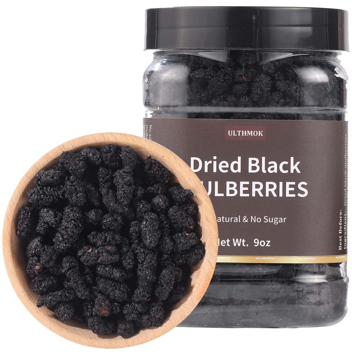 ULTHMOK front packaging showing 9 oz bag and natural dried mulberries, ideal pantry staple