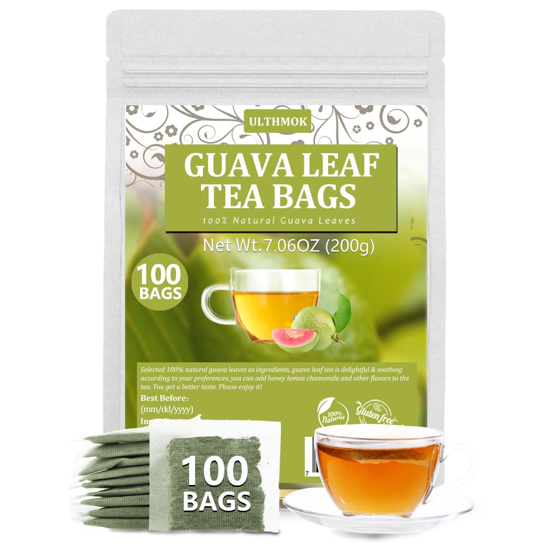 ULTHMOK front packaging showing box of 100 guava leaf tea bags for convenient use