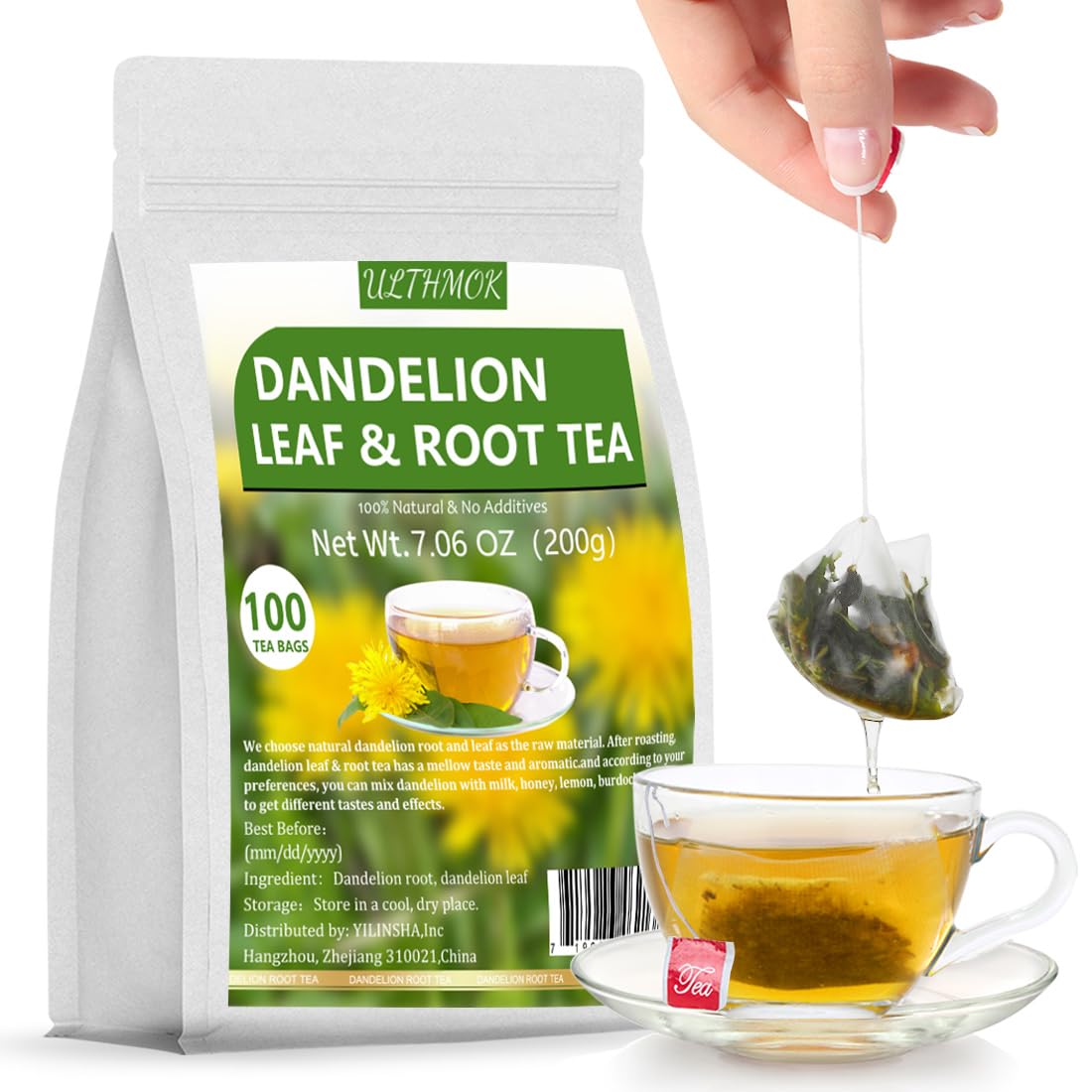 ULTHMOK front packaging showing 100 tea bags and natural roasted blend benefits