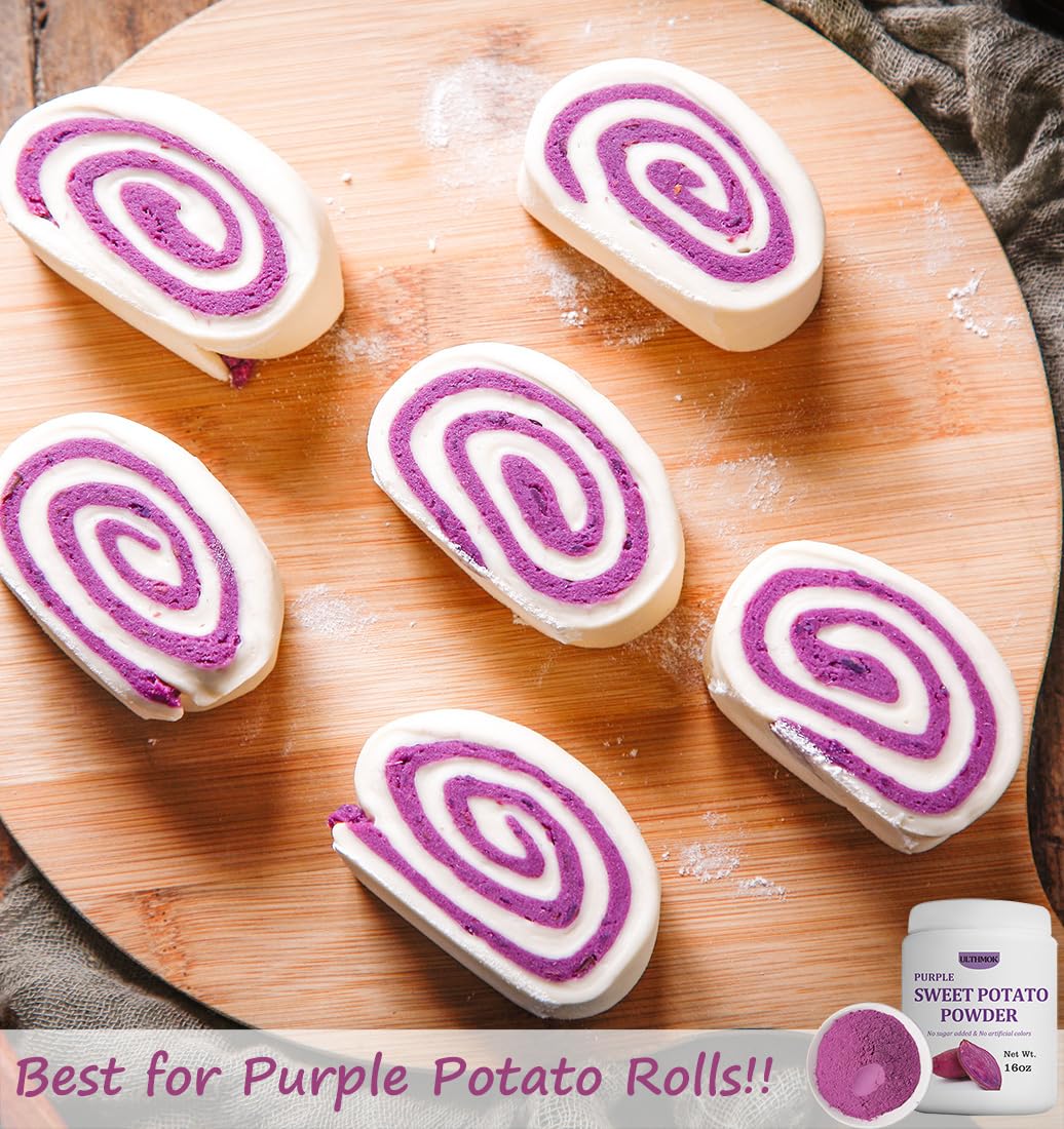 ULTHMOK bowl with whole purple sweet potatoes and powder, shows natural ingredient source