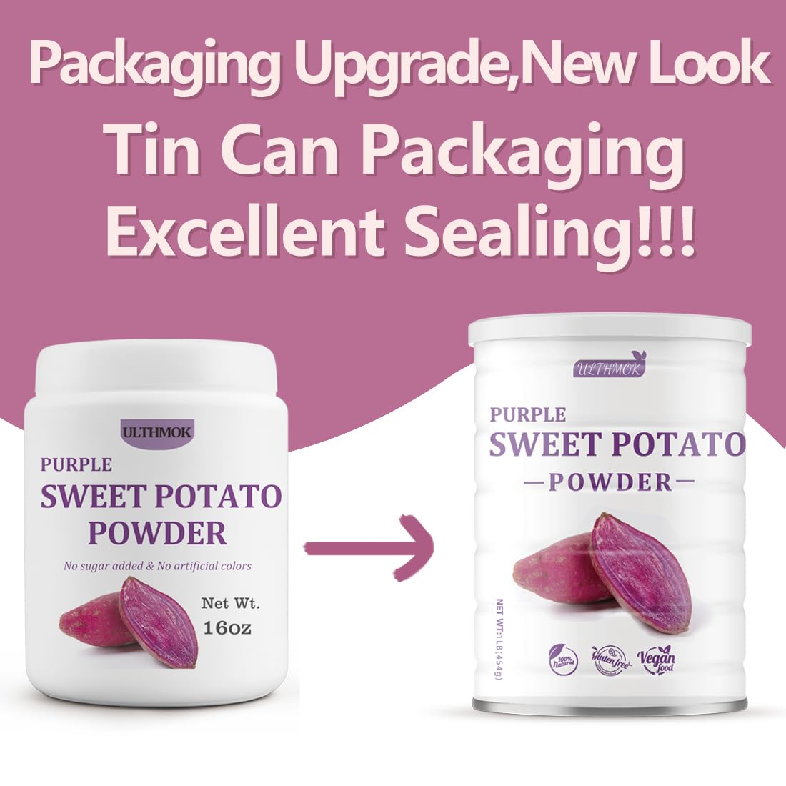 ULTHMOK close-up of fine purple sweet potato powder texture, shows smooth blendability