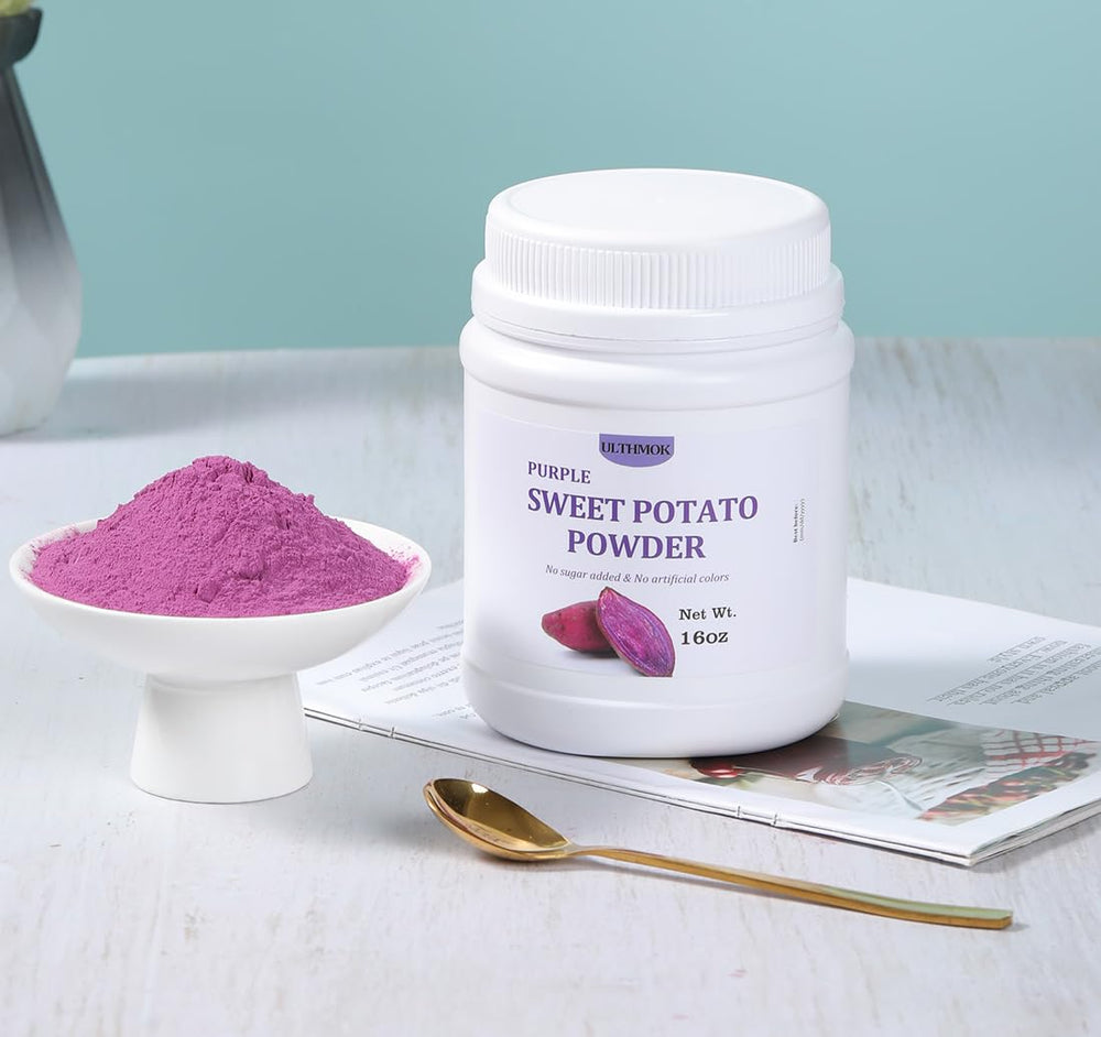 ULTHMOK spoon pouring vibrant purple powder, illustrates easy portioning benefit