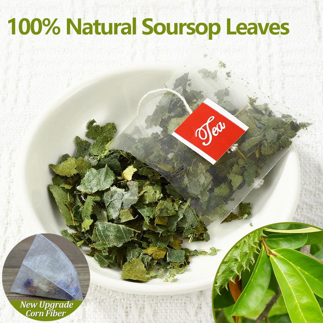 ULTHMOK close-up of tea bag texture and dried graviola leaves, highlighting freshness
