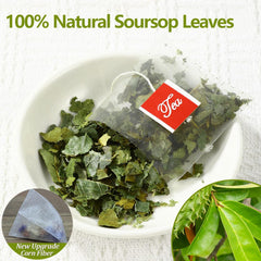 ULTHMOK close-up of tea bag texture and dried graviola leaves, highlighting freshness