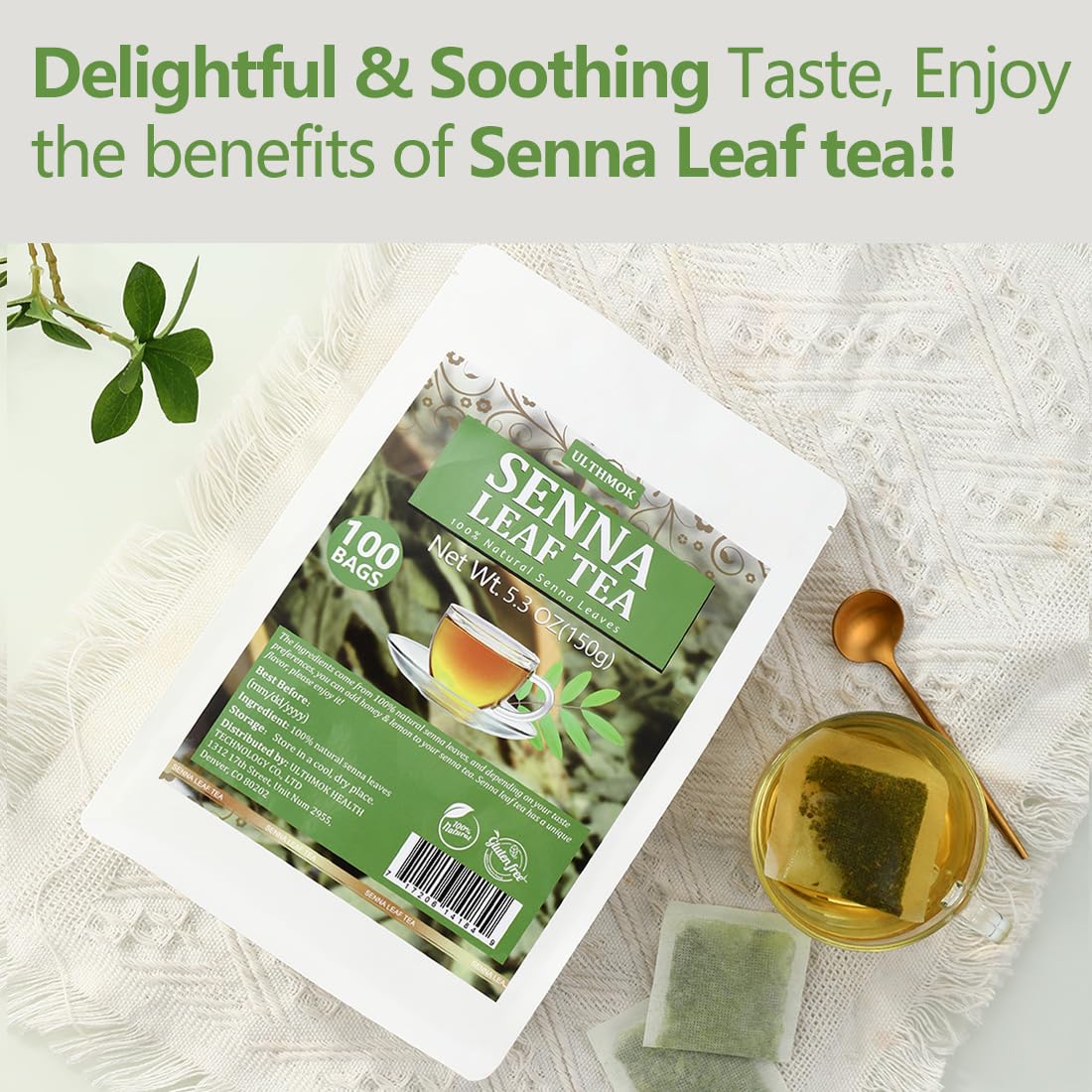 ULTHMOK tea bag close-up revealing whole senna leaves and aroma