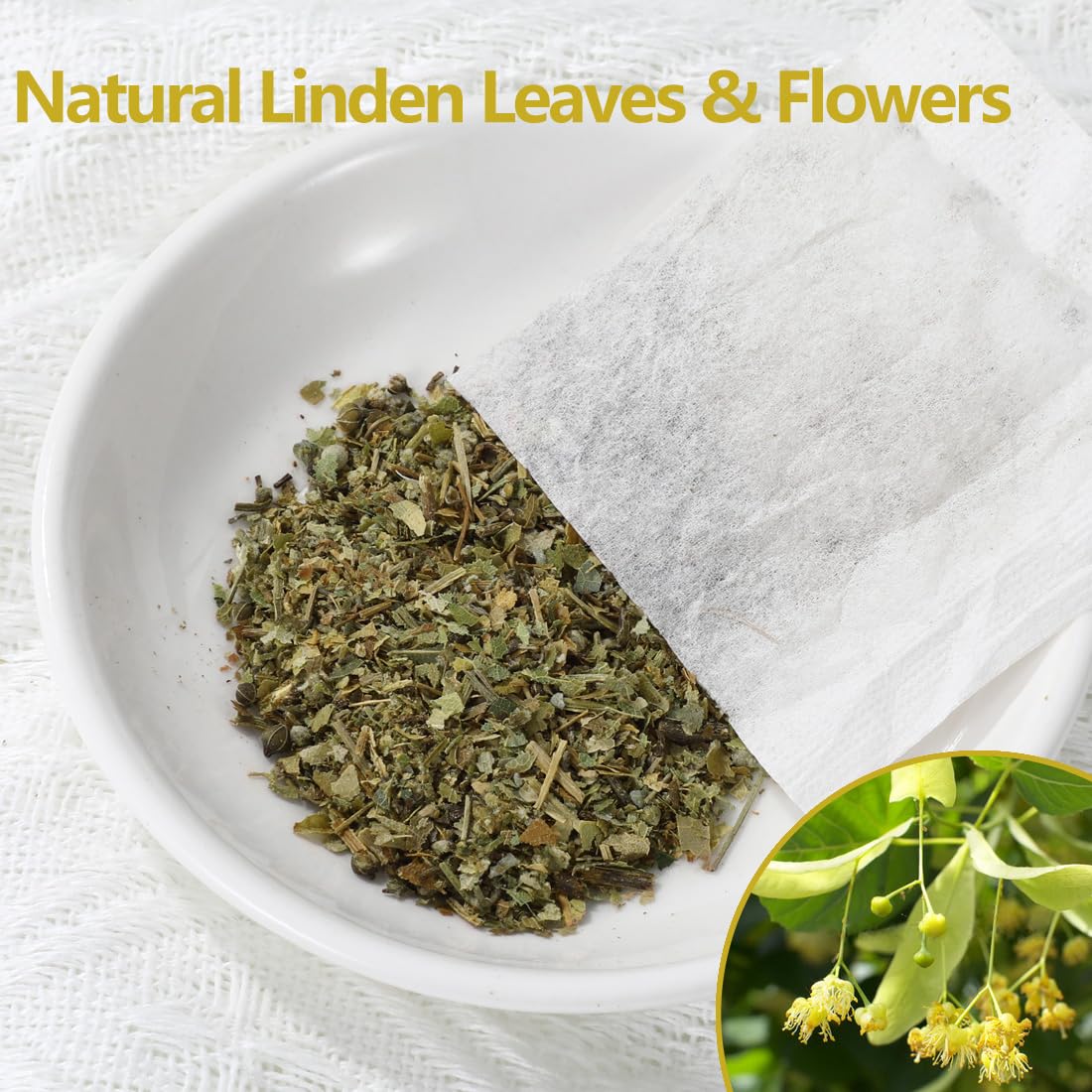 ULTHMOK tea bag close-up with visible linden pieces for natural flavor