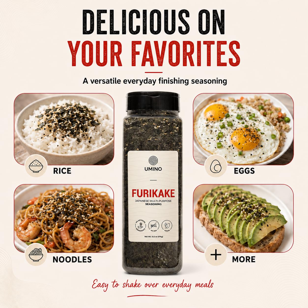 Umino furikake XL used on a breakfast bowl demonstrating versatile serving ideas