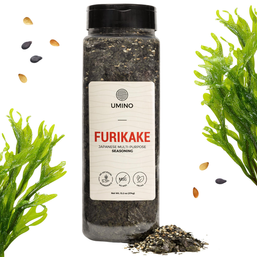 Umino furikake XL front tub showing label and size, highlighting convenience