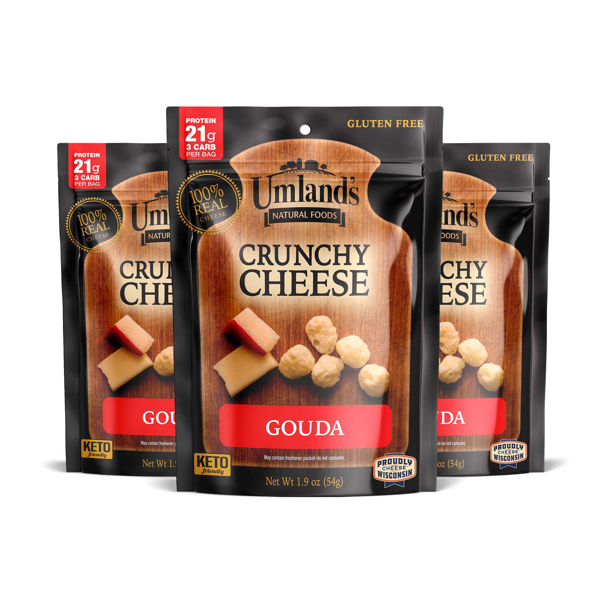 Umland's front packaging showing Gouda crisps and brand, convenient portable snack