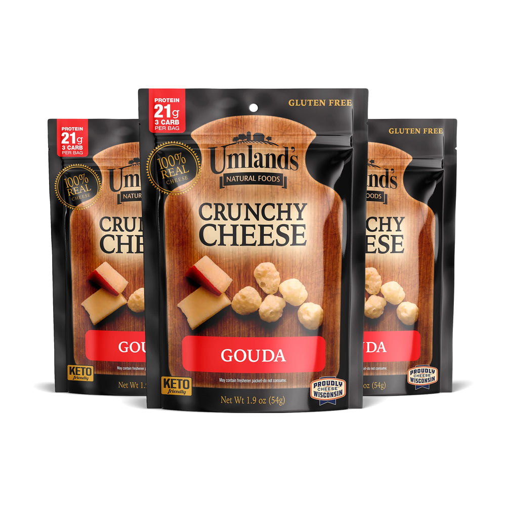 Umland's front packaging showing Gouda crisps and brand, convenient portable snack