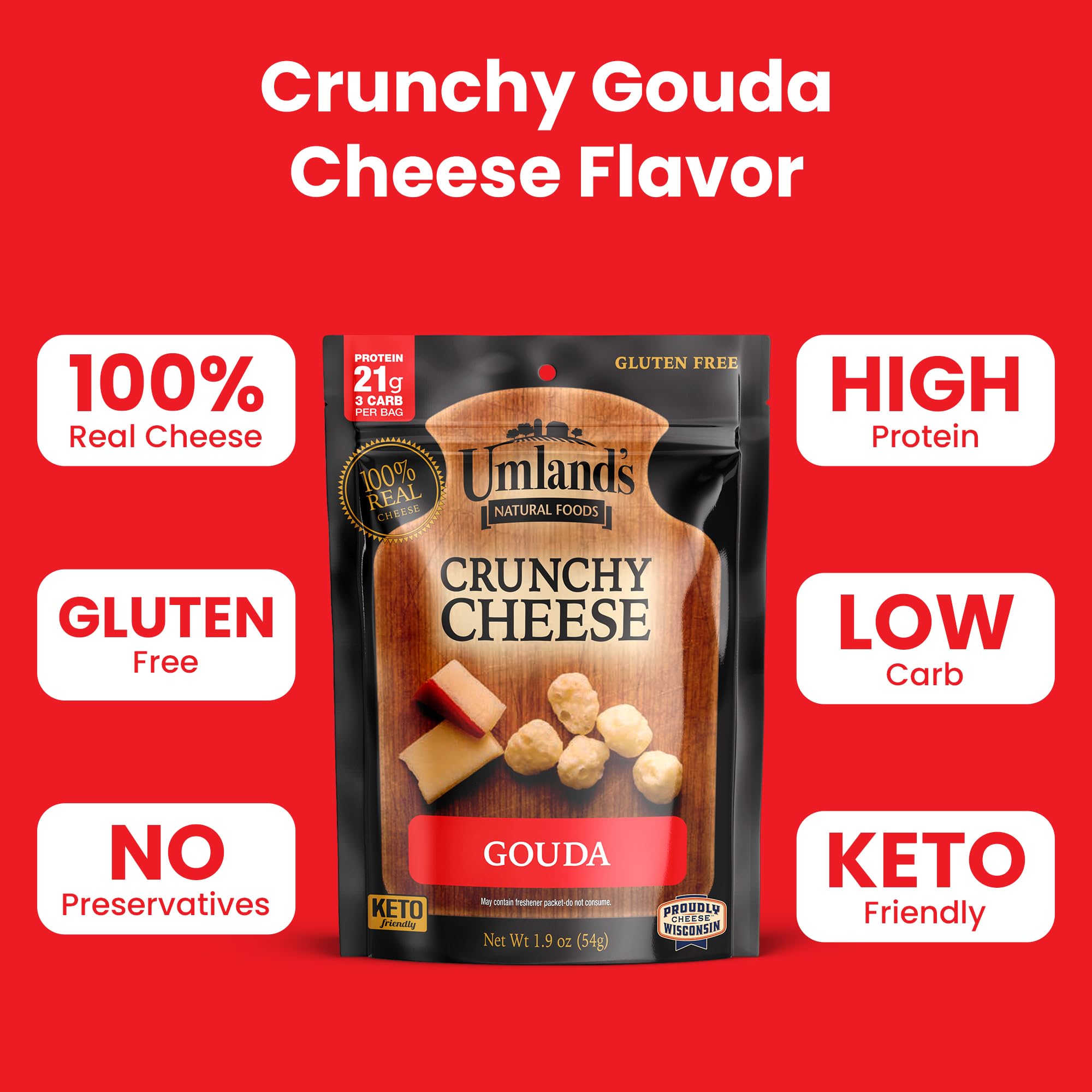Umland's open bag top view revealing crunchy Gouda crisps, ready to eat