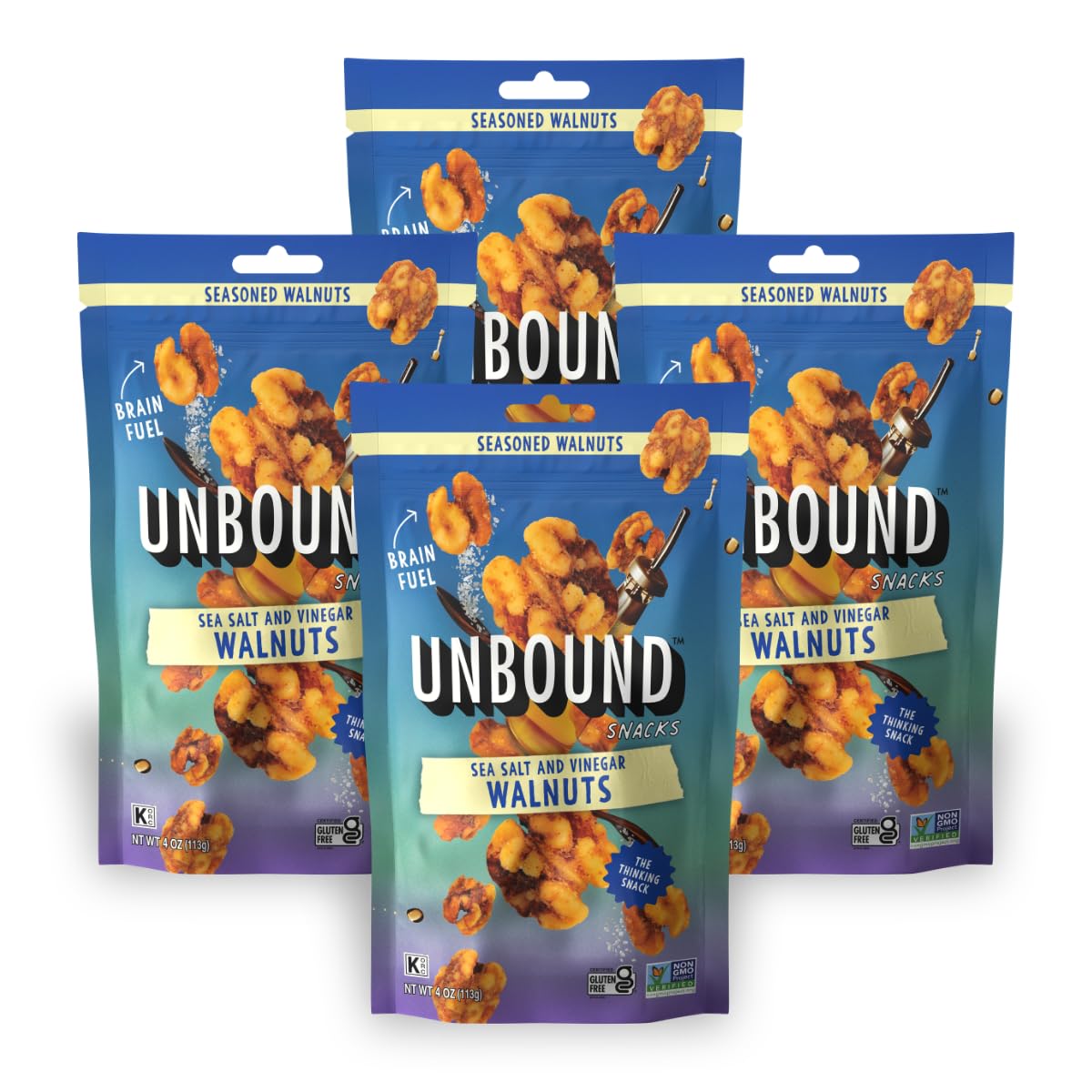 UNBOUND front packaging showing sea salt vinegar walnuts and snacking benefit