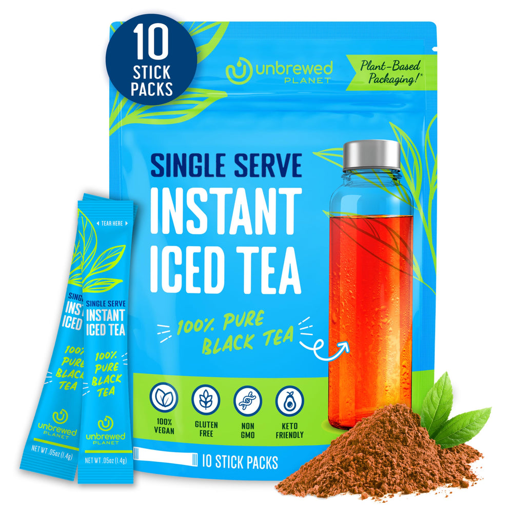 Unbrewed Planet front packaging showing ten resealable tea stick packs for portability and freshness