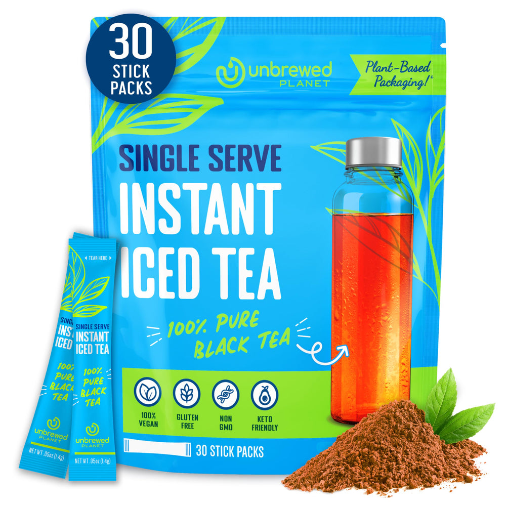 Unbrewed Planet front pouch showing resealable bag and 30 sticks, portable convenience