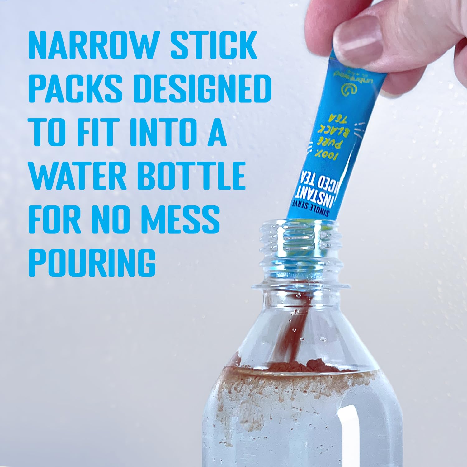 Unbrewed Planet mixing powder into a water bottle for fast unsweetened iced tea convenience
