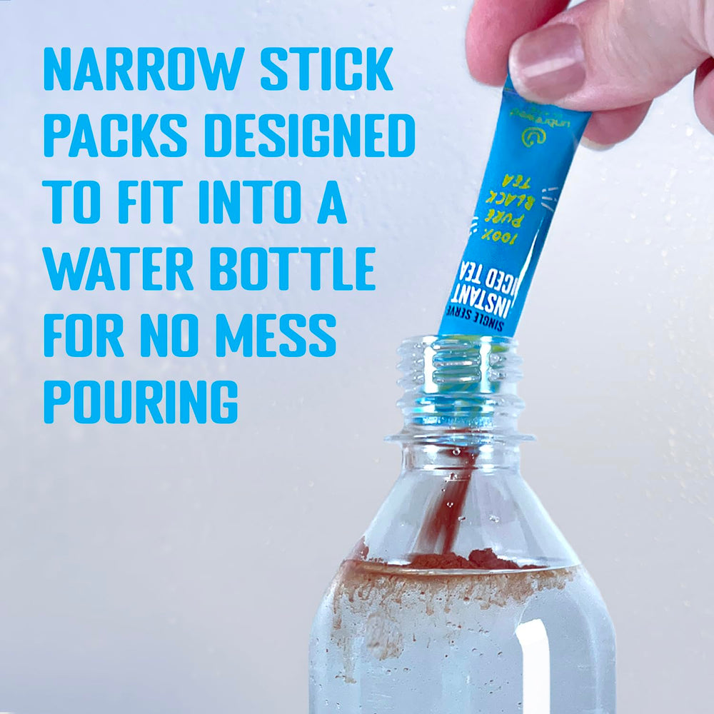 Unbrewed Planet mixing powder into a water bottle for fast unsweetened iced tea convenience