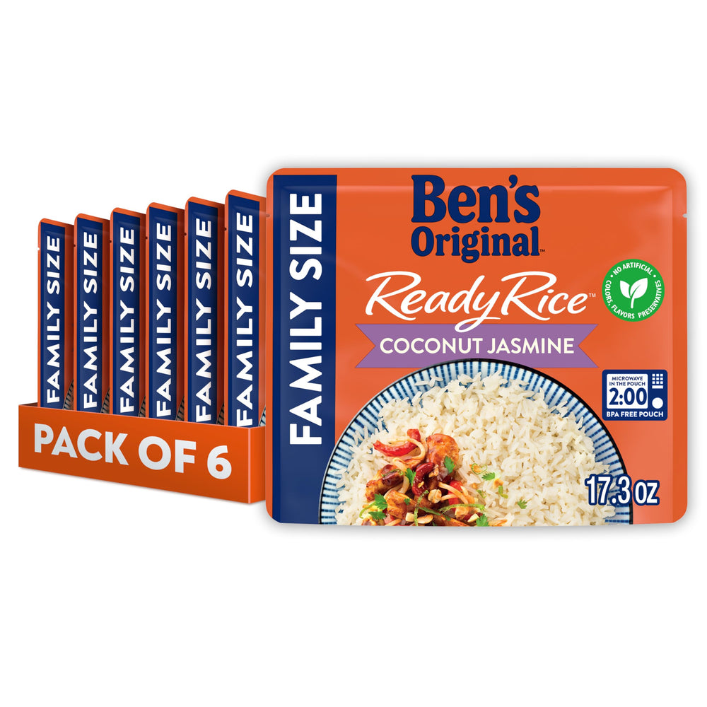 UNCLE BEN'S front packaging showing coconut jasmine rice, highlighting quick prep
